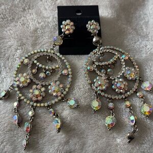 Vintage AB Aurora borealis rainbow glass long sparkly flashy dangle earrings